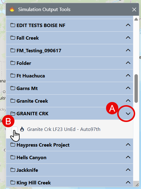 Arrows on the right open the folder to show model outputs. Clicking the box to the left of the model output name will select that output.