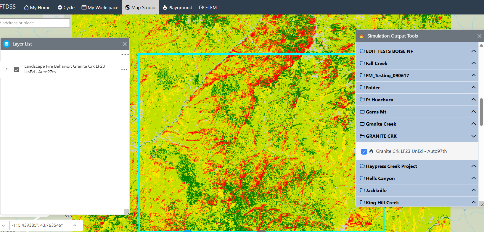 The map is zoomed into the model output and Layer List is open.