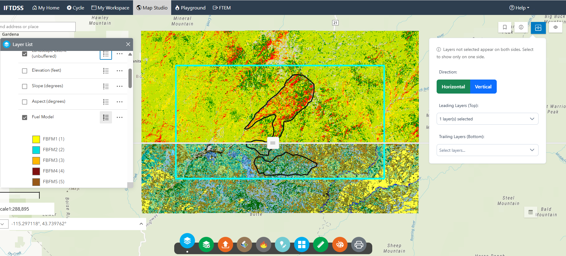 Map view with horizontal swipe turned on. Fire Behavior data is visible in the top layer and landscape data is visible in the bottom layer.