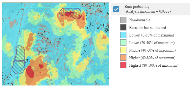 burn probability colors with color legend to the right.
