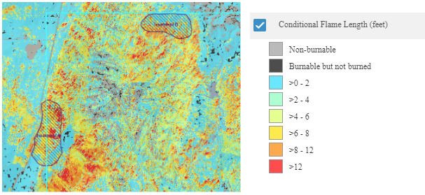 conditional flame length map output with color legend shown on the right.