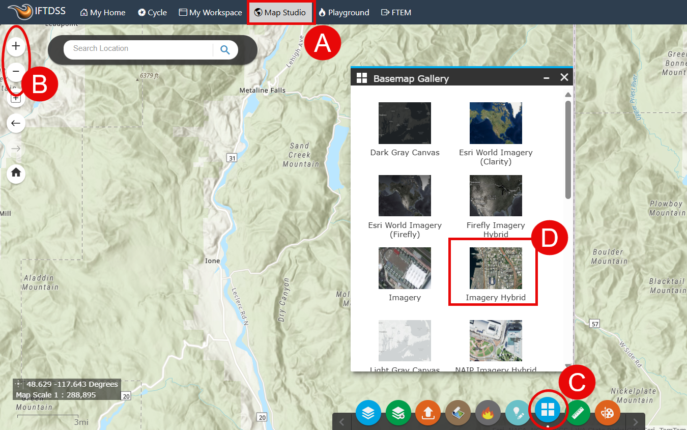 basemap gallery open with Imagery Hybrid highlighted