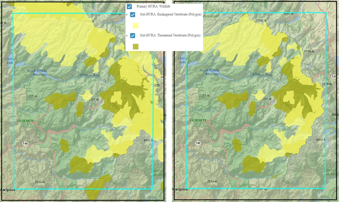 endangered and threatened vertibrate sub-hvras compared side by side. Left is the unmasked version, right is the version where a mask has been applied and the area covered is noticably smaller due the use of masking.