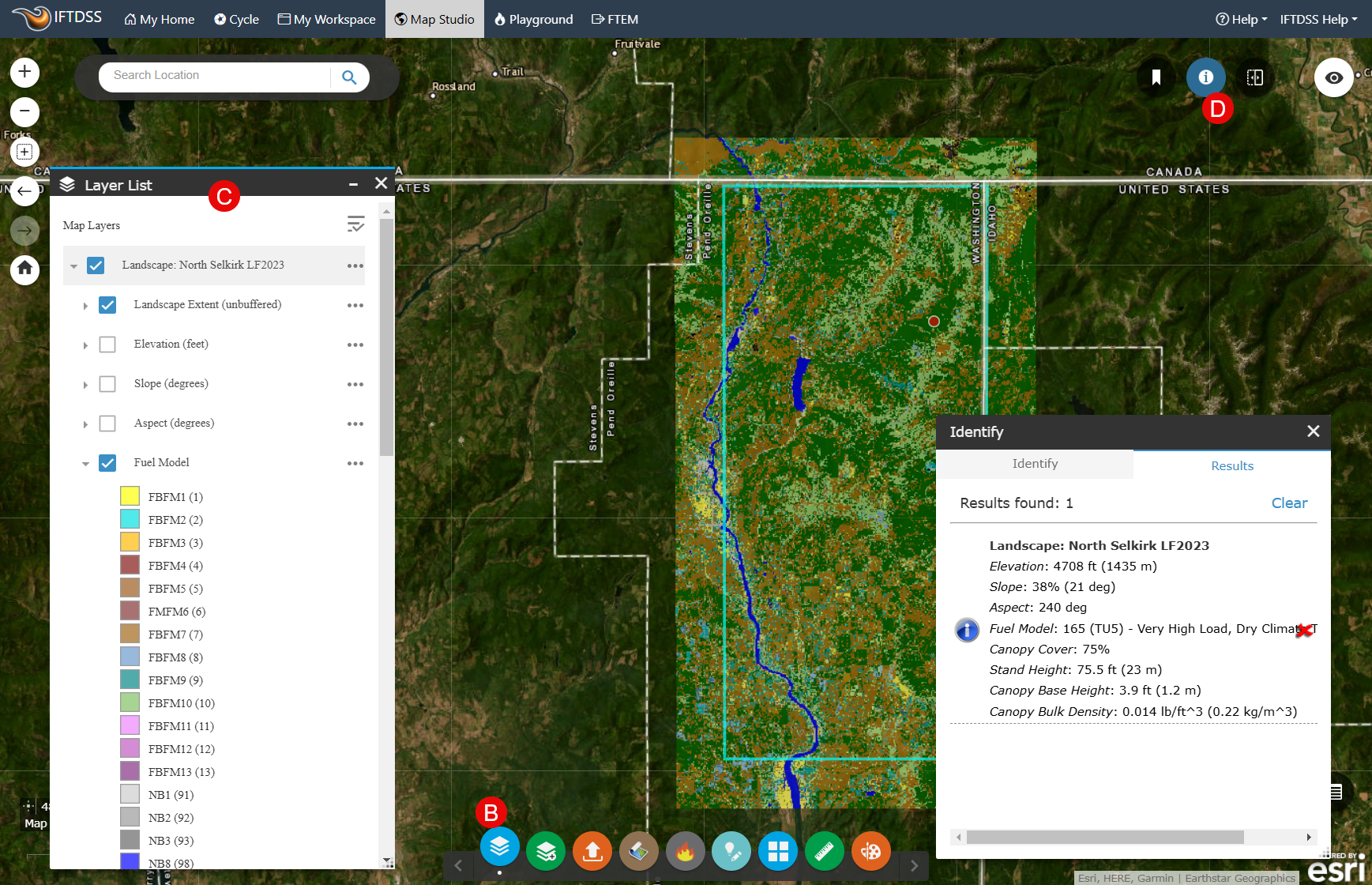 Layer List and Identify widgets are both open in Map Studio