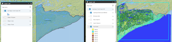 two screen captures showing a county next to a lake on the left, and a landscape file for that county on the right