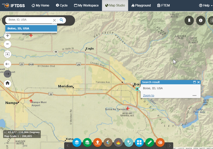 An example search for Boise Id showing the location on the map highlighted and zoomed to