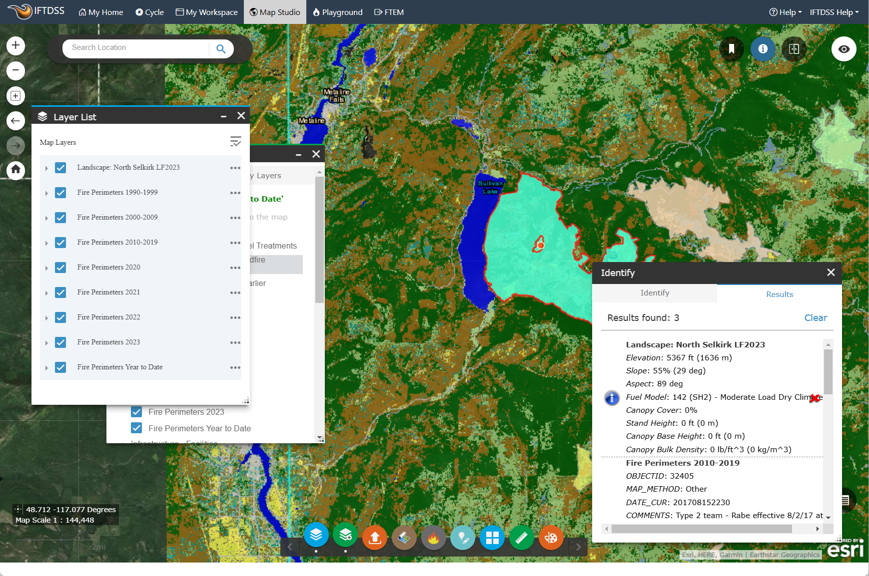 Fire perimeters east of lake sullivan
