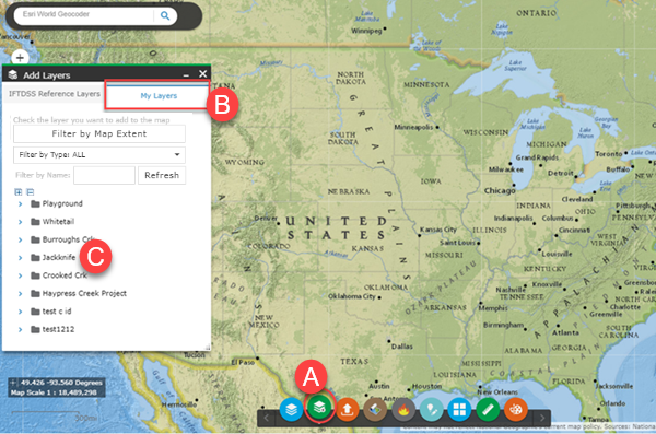 The "My Layers" tab displays the folders with all the available shapes and shapefiles you have created or uploaded.