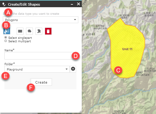 the create/edit shapes widget open showing all buttons described here.