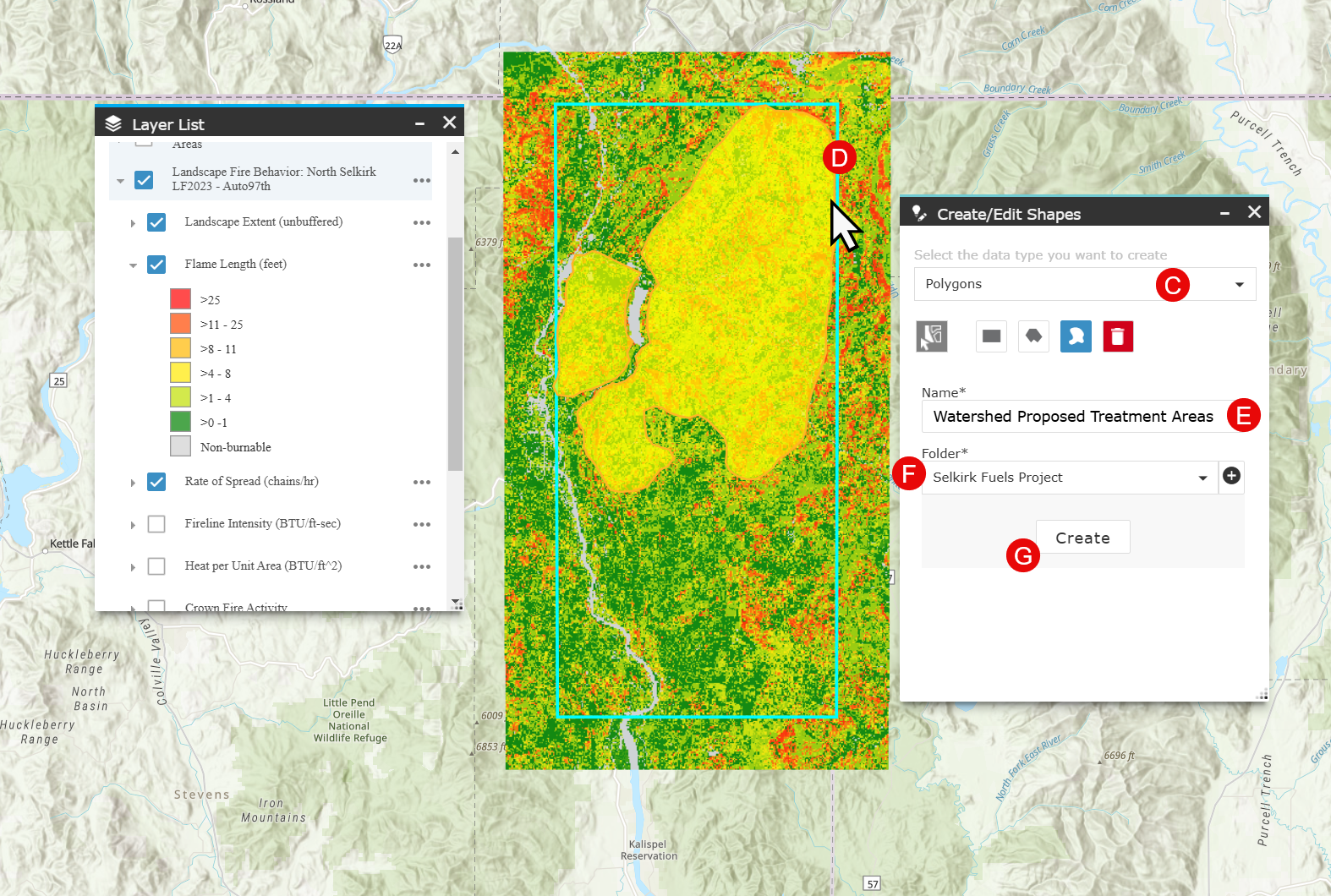 Create/Edit Shapes widget open in Map Studio