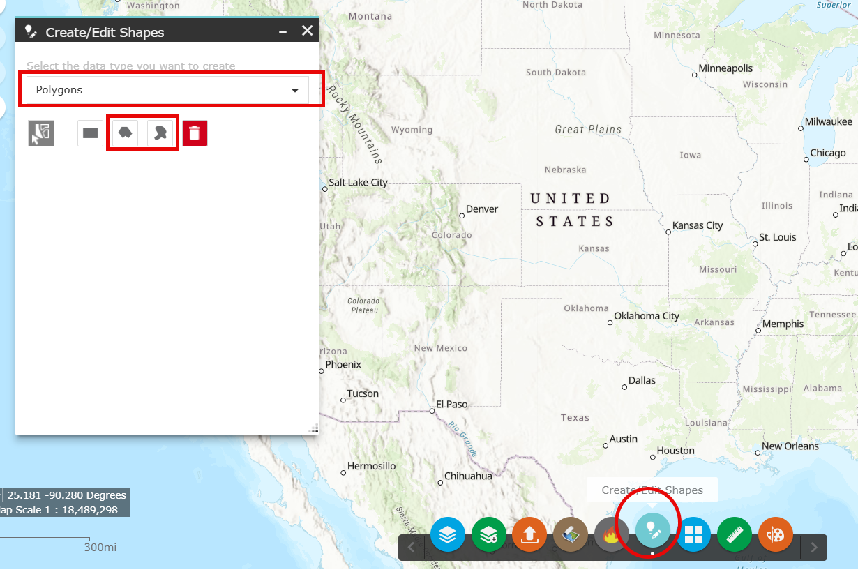 The Create Edit Shapes box open with the 'polygon' option selected.
