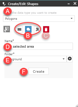 the create/edit shapes widget open showing all buttons described here.