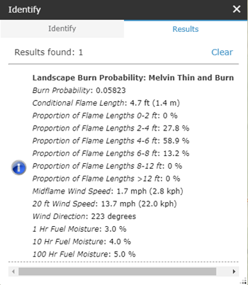 Using the identify widget will display additional model outputs such as proportion of flame lengths