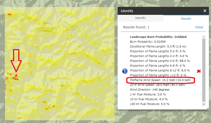 'identify' box showing the data for a selected pixel, including the exact midflame wind speed for that pixel.