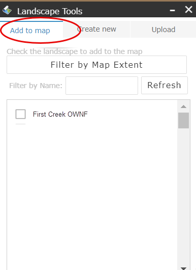 Use the 'Add to map' option at the top of Landscape Tools to add a landscape file to your map
