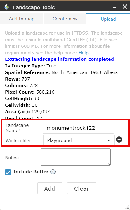 Landscape Name and Work Folder fields are populated.