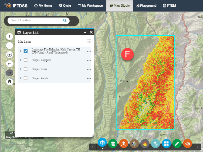 landscape fire behavior output in Map Stuido with only the area of interest visible