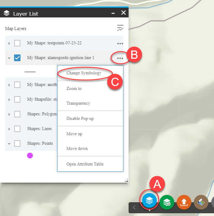 Layer list 'More Options' menu is open and 'Change Symbology' is visible in the top of that menu.