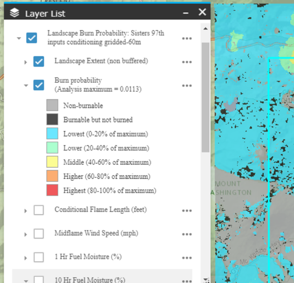 burn probability classes listed in Layer List, along with the color associated with each.