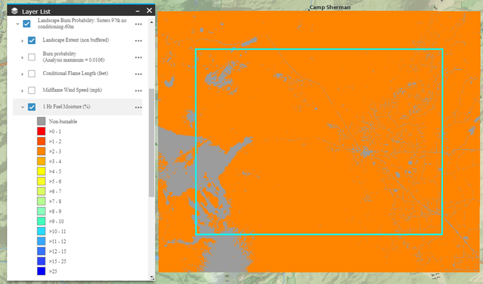 a landscape covered with solid orange, indicating the same 1 hr fuel moisture throughout.