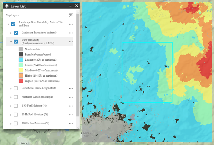 landscape and buffer area showing landscape burn probability indicated in  a cool to warm color scheme.