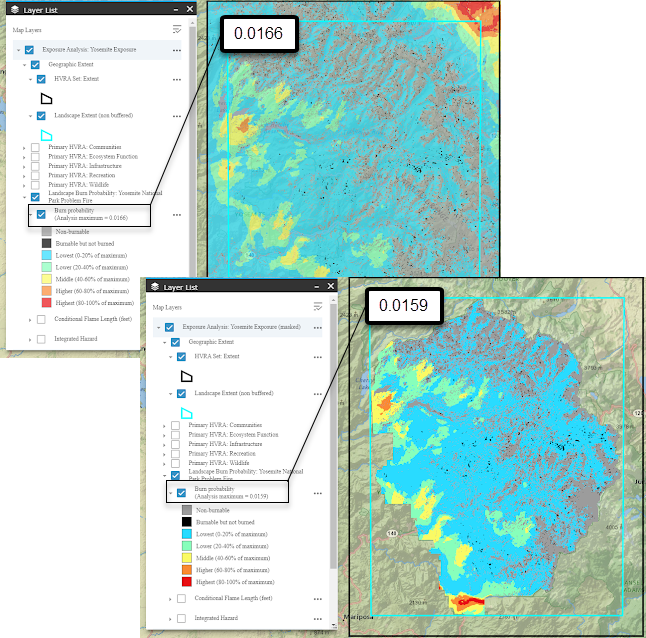Two views of Exposure Analysis output. On top is the full extent with a burn probability maximum listed, on bottom is an example where that same output is masked and a different burn probability maximum is listed.