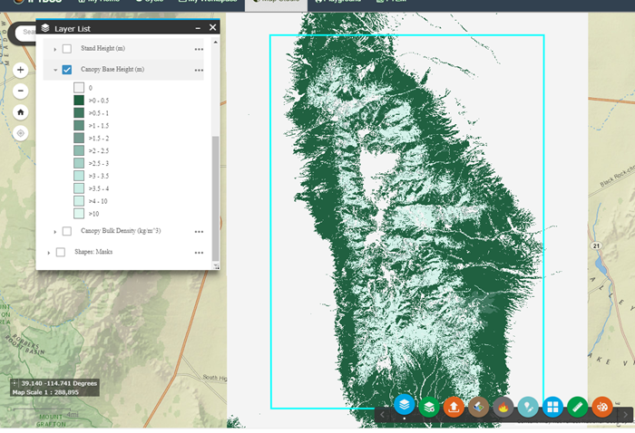 green color ramp for canopy base height shown in IFTDSS