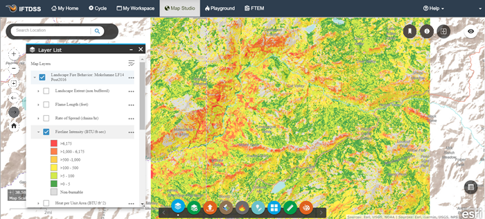 IFTDSS Map Studio session with a Fireline intensity layer turned on.