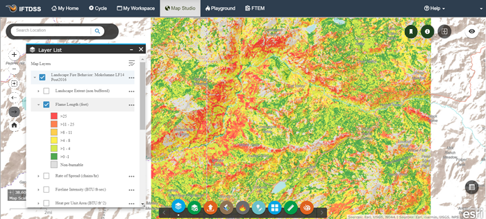 Flame Length output for a landscape displayed in Map Studio.