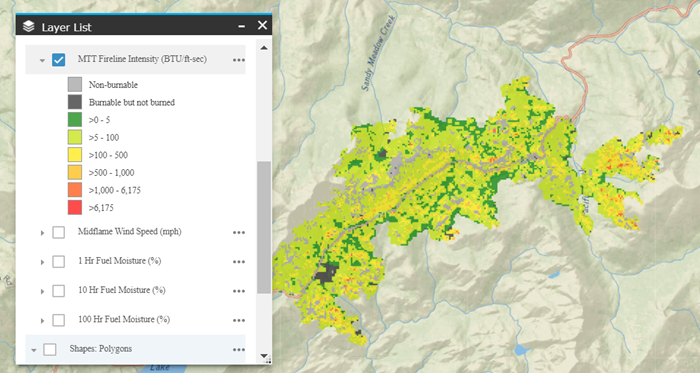 Fireline intensity for an MTT output, shades of green indicate less intensity while shades of red indicate more intensity.