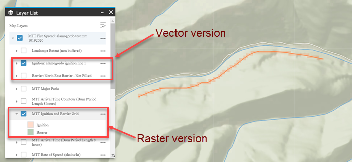 a vector ignition (smooth line) overlaid with a raster version of the same ignition.