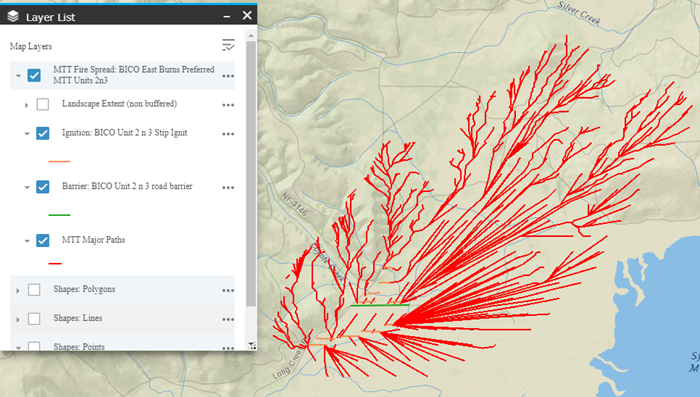 major paths displayed as red lines radiating out from an ignition source.