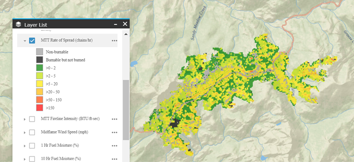 Rate of spread displayed over the burned area of an MTT output with warmer colors indicating higher rate of spread.