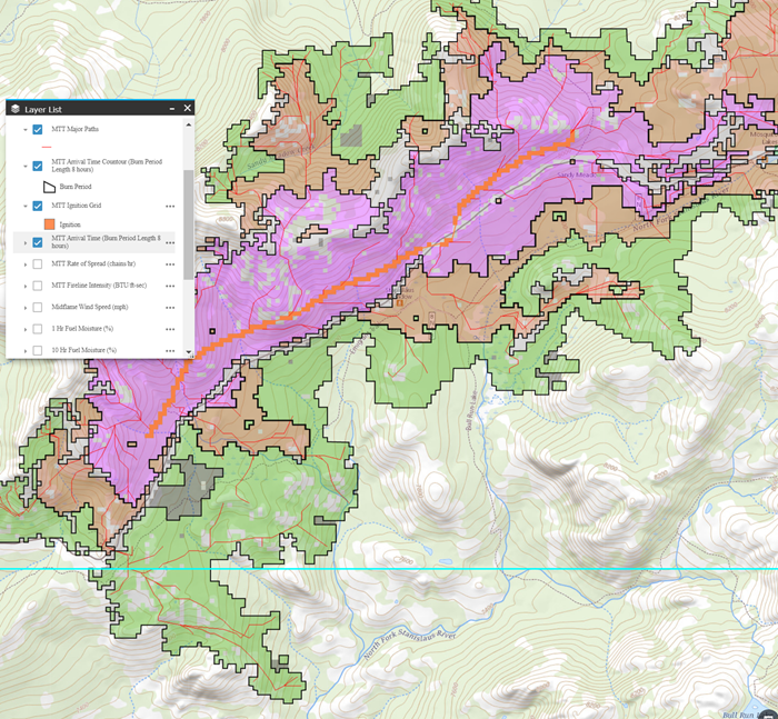 MTT output showing burn periods in differing colors as the modeled fire progresses.