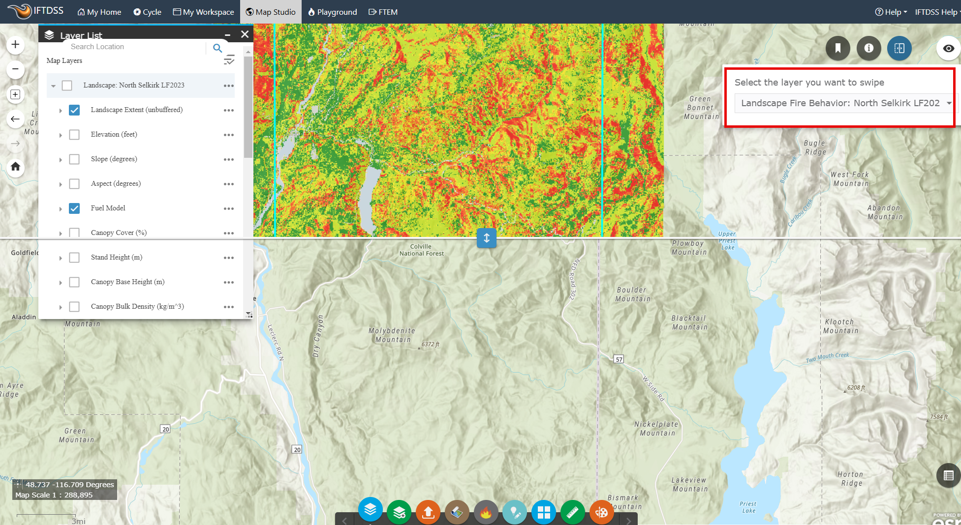 swipe widget in Map Studio showing fire behavior on the top, and hiding it on the bottom.
