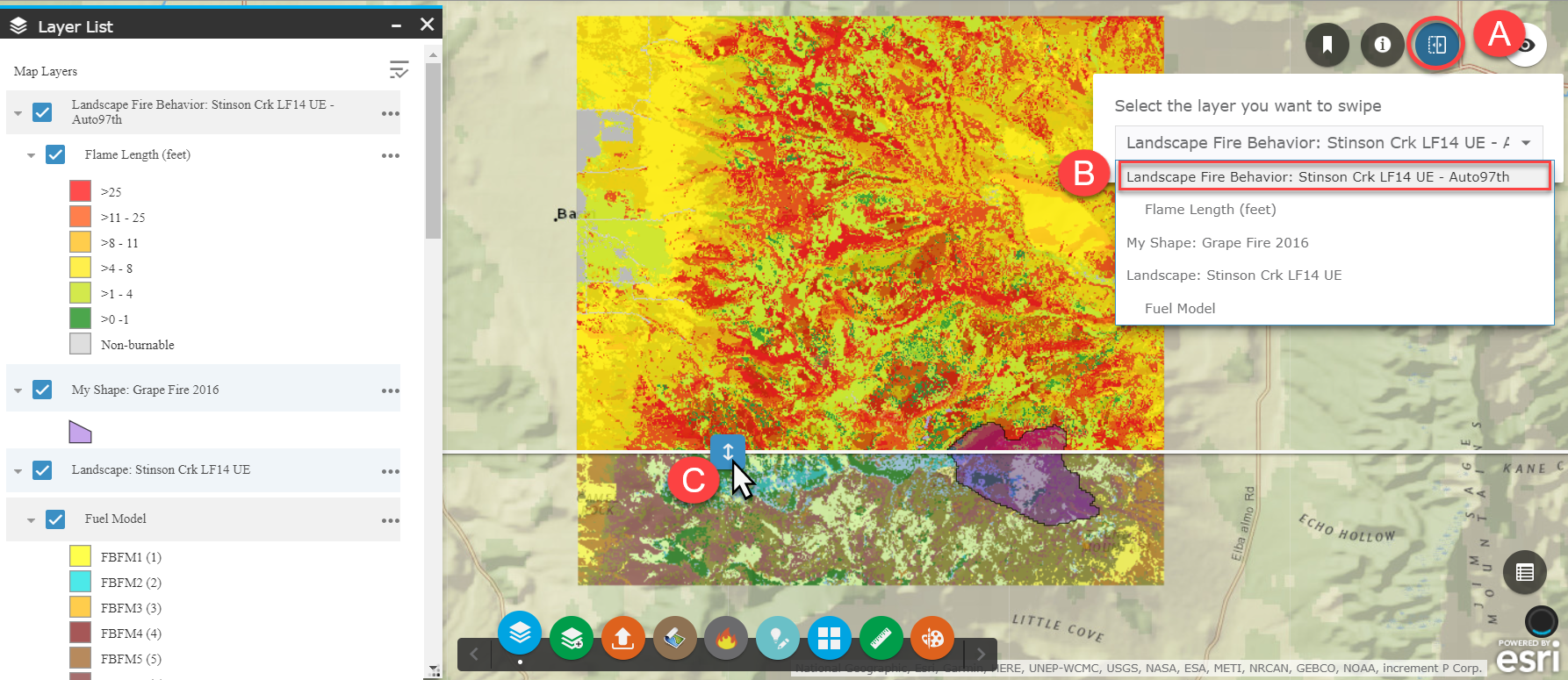 Layer list open on the left and the swipe drop-down open in the top right. The swipe slider is active and crossing the map with a model output visible above the swipe slider and a landscape layer visible below the swipe slider. A shape is displayed over both of these and remains visible throughout.