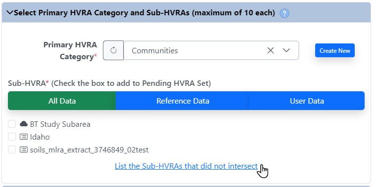 to view a list of Sub-HVRAs that didn't intersect your area of interest click 'List the Sub-HVRAs that did not intersect' hyperlink
