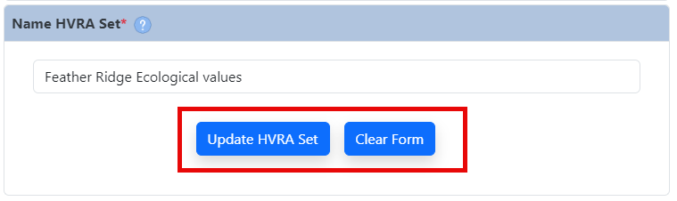 'Update' and 'Clear Form' buttons located under the HVRA Set name field.