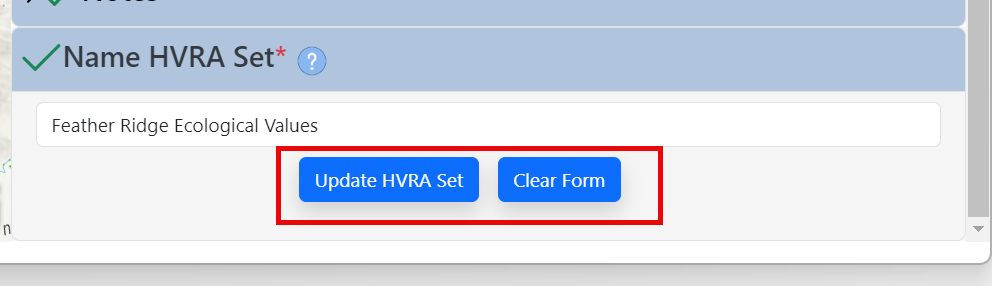 'Update' and 'Clear Form' buttons located under the HVRA Set name field.