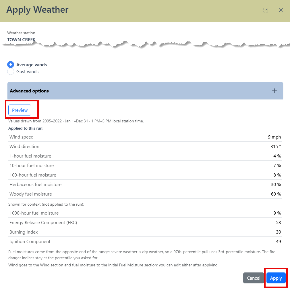 previewing will display all weather data before it is applied. The Apply button in the bottom right populates the model fields with that data.