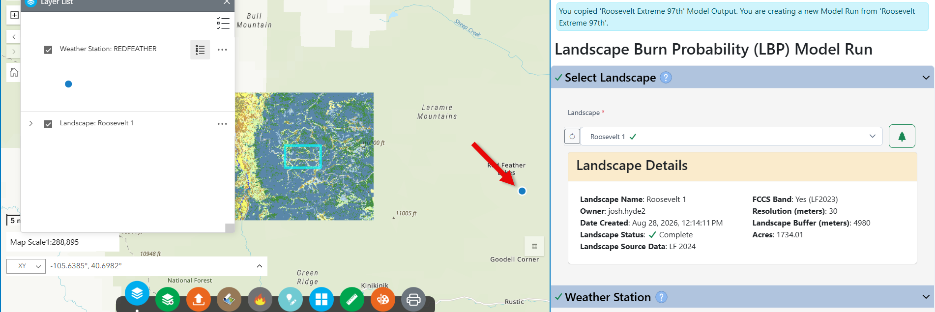 RAWS location indicated by a blue dot, visible to the east of the landscape.