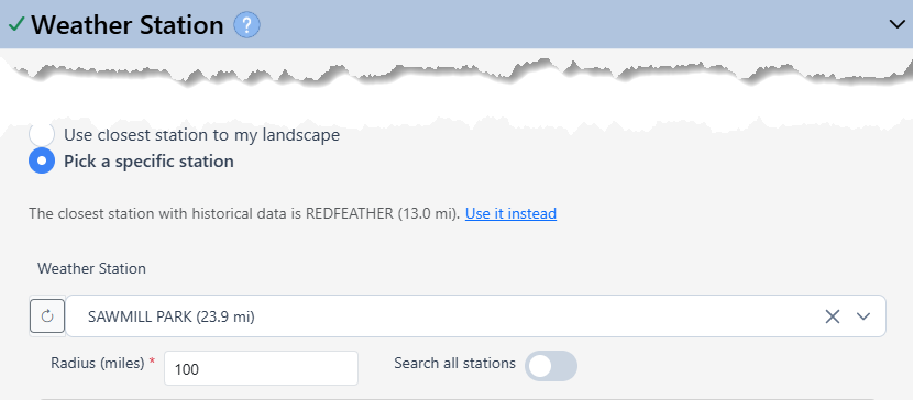 settings under the station field to adjust the search radius or search all station.