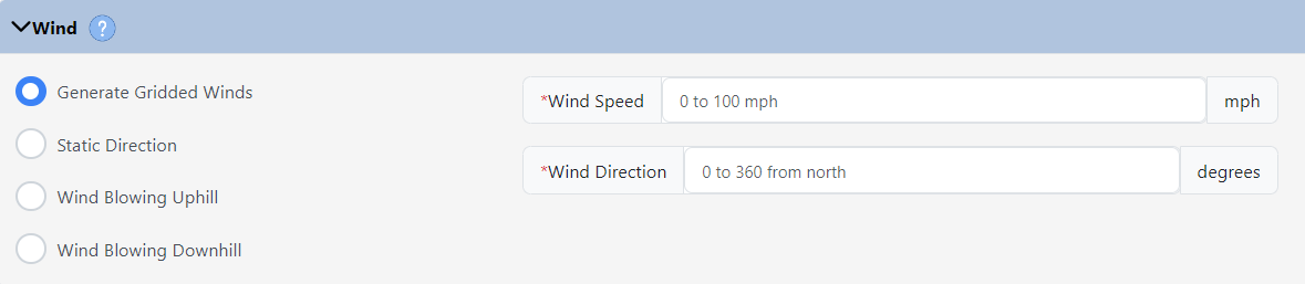 IFTDSS has choices for static winds, gridded winds, uphill winds, or downhill winds.