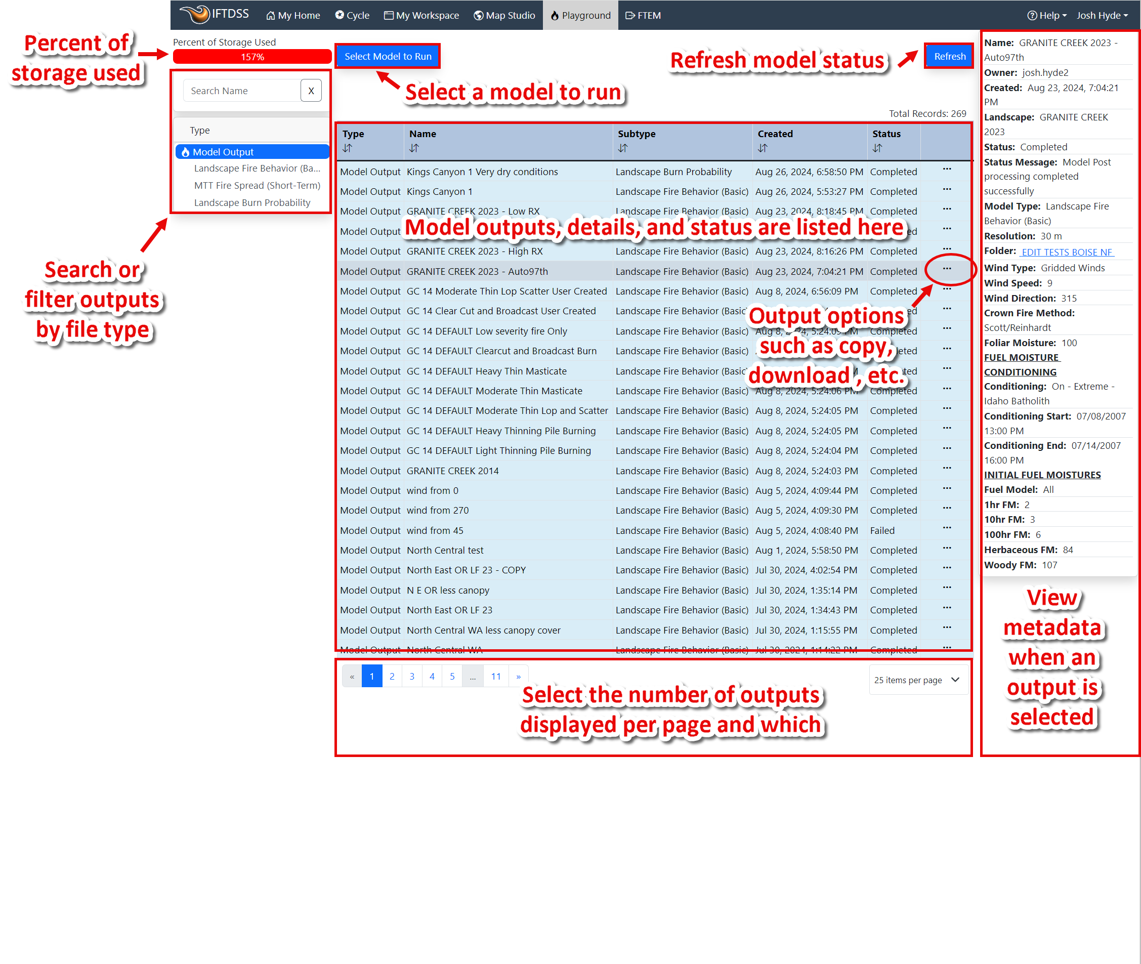 Playground interface with dropdown menu along the top to select model and a list of model outputs below.