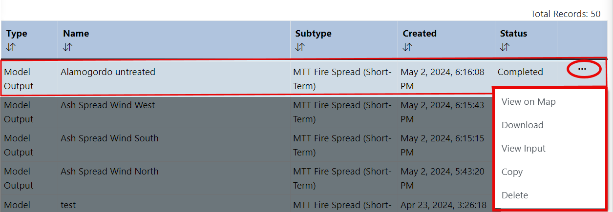 modeling output options become visible under the model output name once you click on that name.