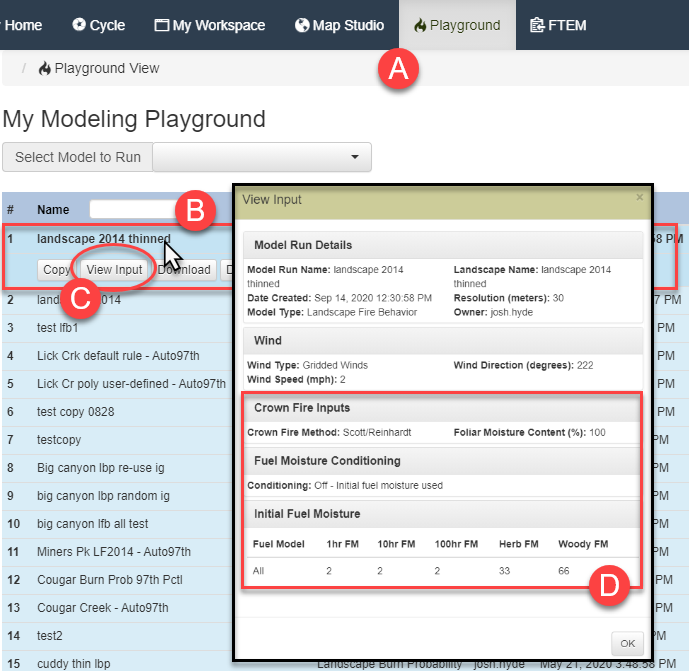 model inputs may be viewed for each file in Modeling Playground