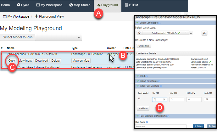 model runs may be copied, edited, and re-run to create a new output in modeing playground.