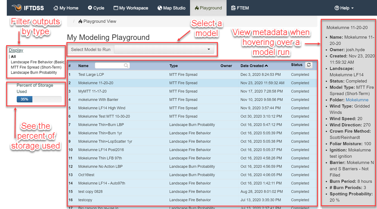 Playground interface with dropdown menu along the top to select model and a list of model outputs below.