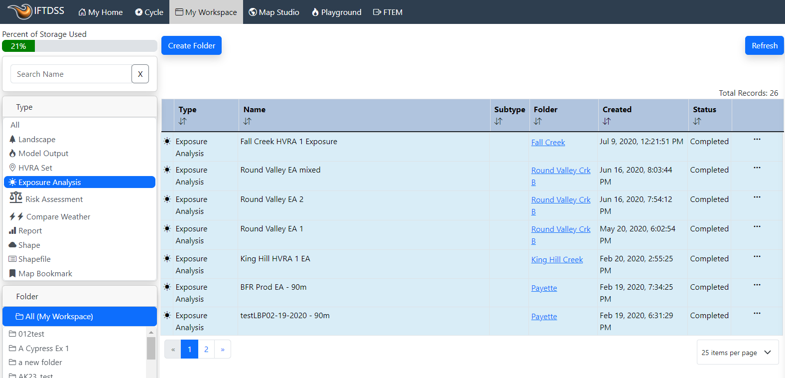 Workspace showing Exposure Analysis and file options, including the 'download' button
