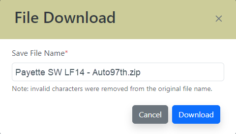 File Download box with options to change file name, download, or cancel.